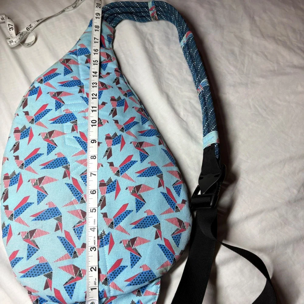 KAVU Rope Bag Sling Backpack Blue Origami Bird Print Cotton Canvas Outdoor
